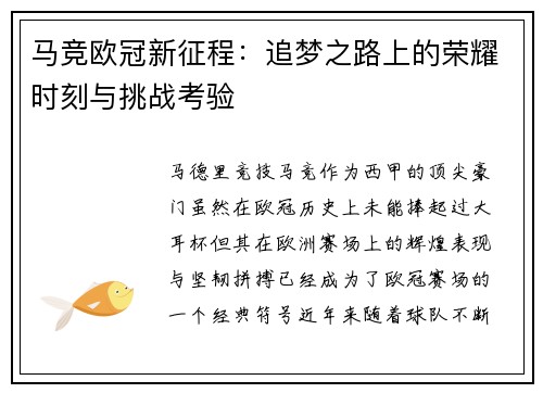 马竞欧冠新征程：追梦之路上的荣耀时刻与挑战考验