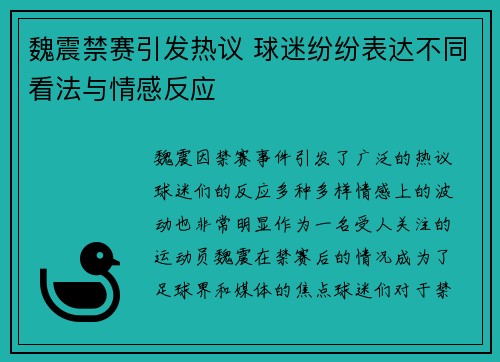 魏震禁赛引发热议 球迷纷纷表达不同看法与情感反应